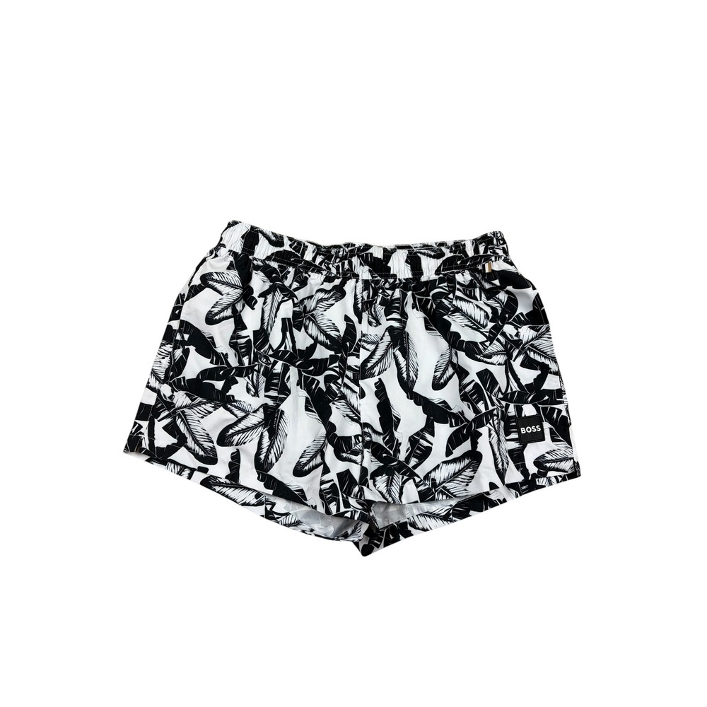 Hugo Boss Mens 3"  Black White Tropical Leaf Print Swim Trunks Shorts Mesh Lined